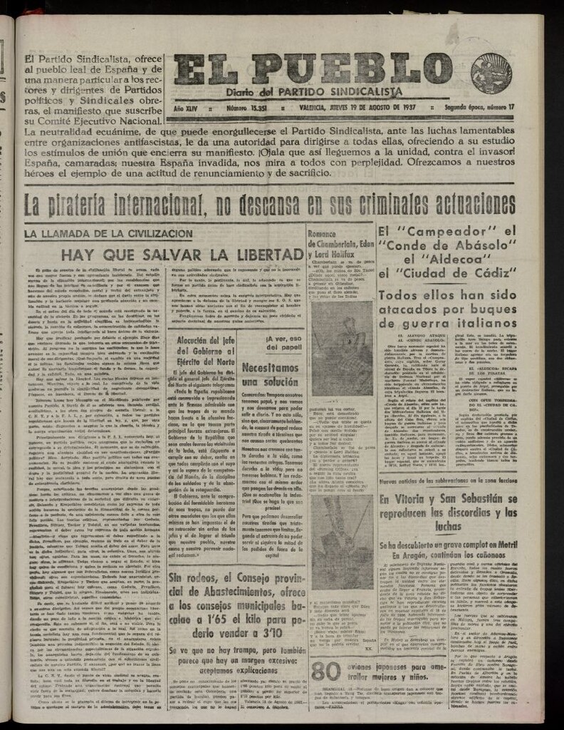 Miniatura de El Pueblo : Diario republicano de Valencia del 19 de agosto de 1937, nº 15.351