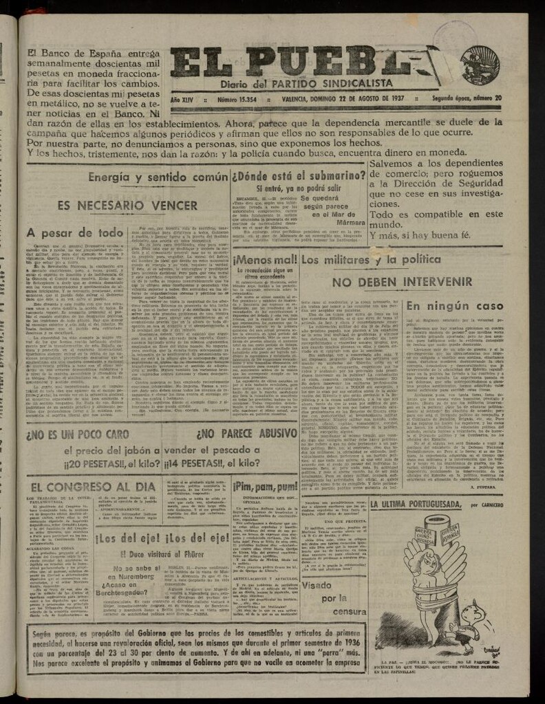 Miniatura de El Pueblo : Diario republicano de Valencia del 22 de agosto de 1937, nº 15.354