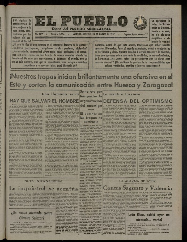 Miniatura de El Pueblo : Diario republicano de Valencia del 25 de agosto de 1937, nº 15.356