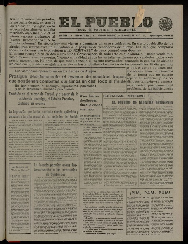 Miniatura de El Pueblo : Diario republicano de Valencia del 29 de agosto de 1937, nº 15.360