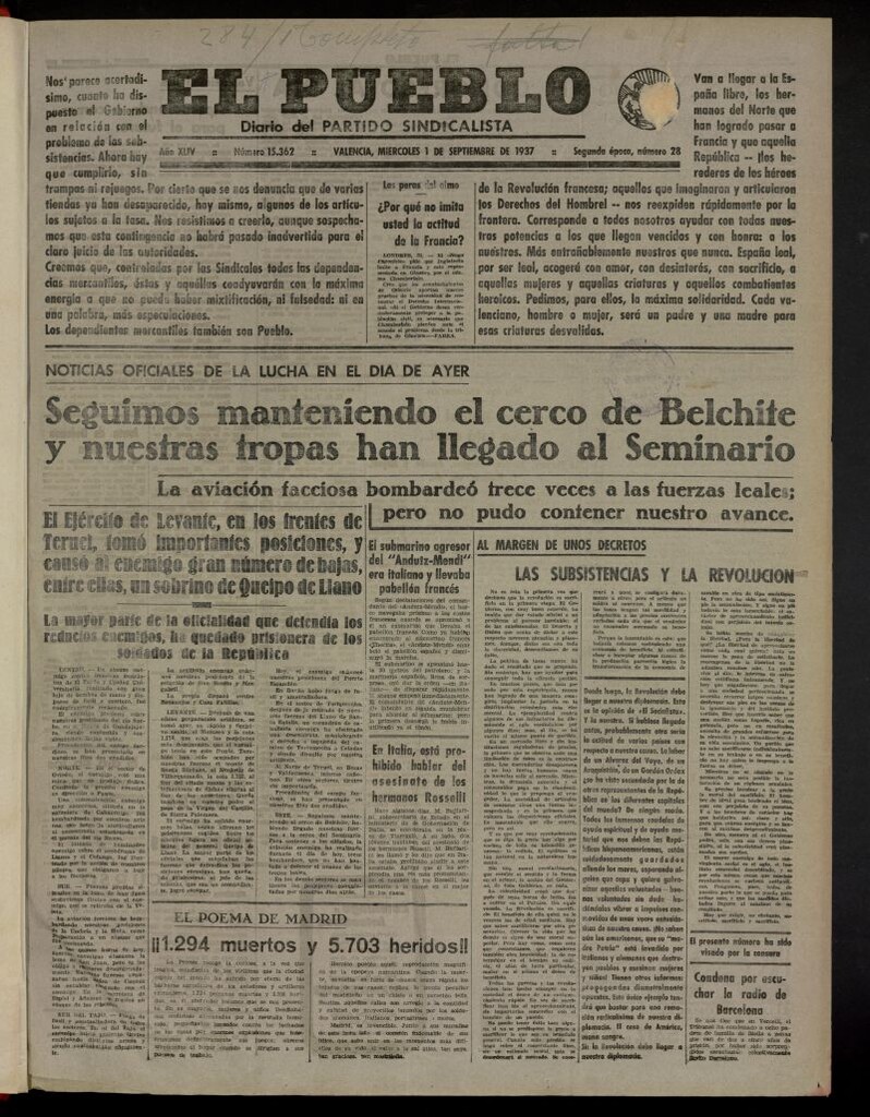 Miniatura de El Pueblo : Diario republicano de Valencia del 1 de septiembre de 1937, nº 15.362