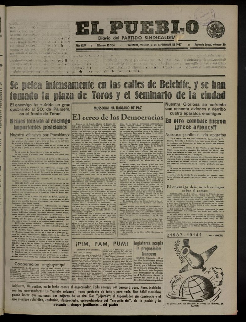 Miniatura de El Pueblo : Diario republicano de Valencia del 3 de septiembre de 1937, nº 15.364