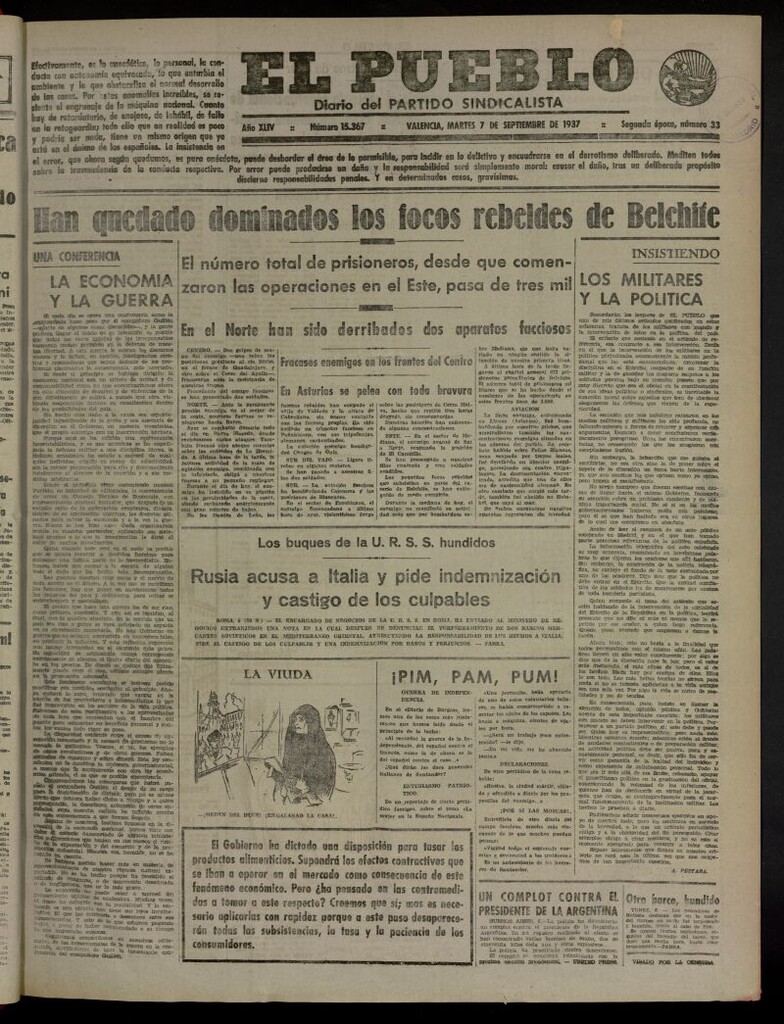 Miniatura de El Pueblo : Diario republicano de Valencia del 7 de septiembre de 1937, nº 15.367