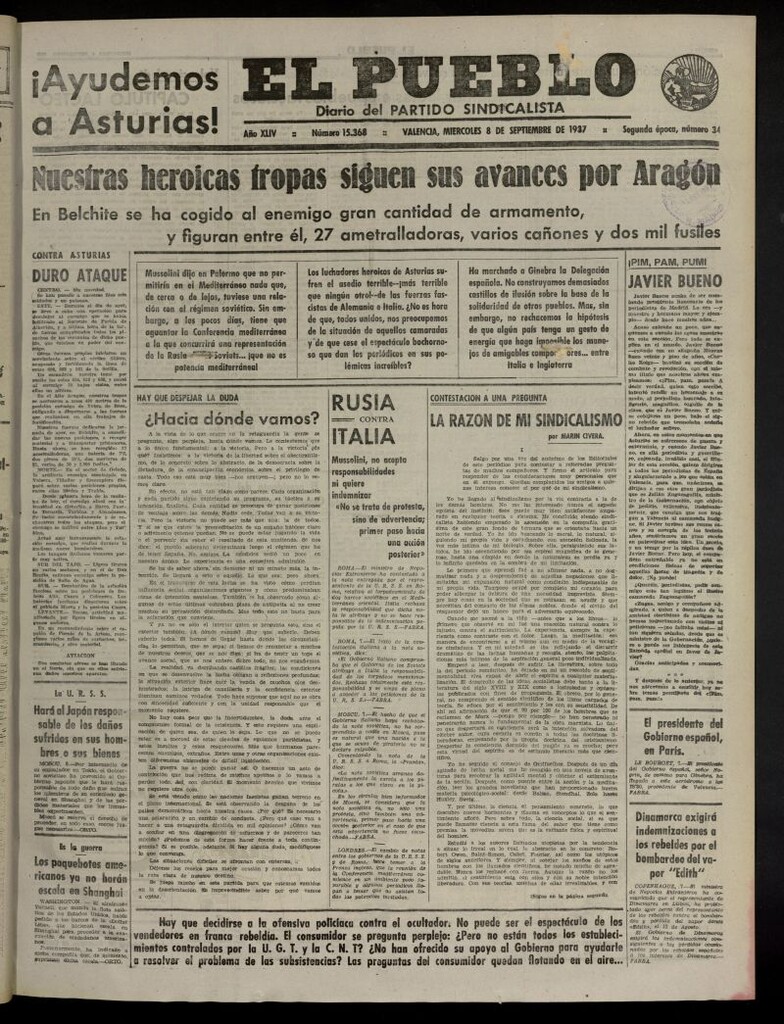 Miniatura de El Pueblo : Diario republicano de Valencia del 8 de septiembre de 1937, nº 15.368
