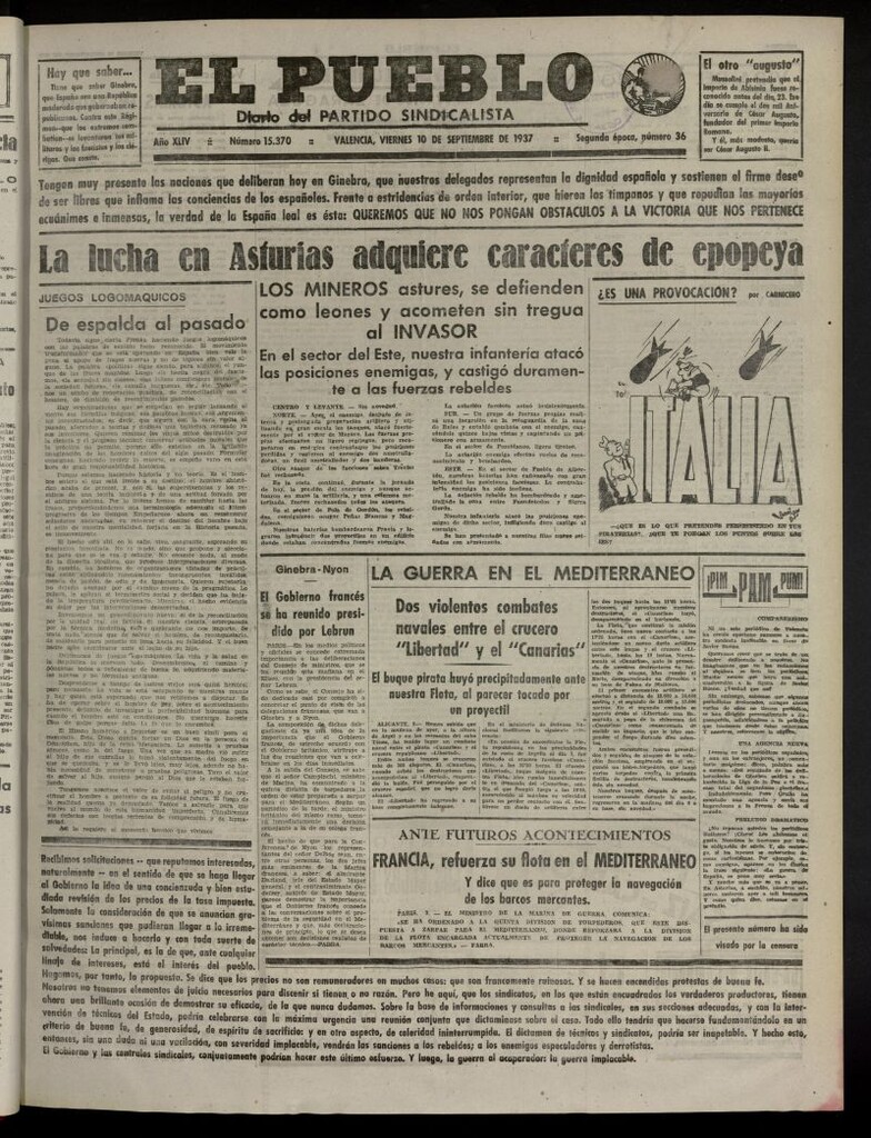 Miniatura de El Pueblo : Diario republicano de Valencia del 10 de septiembre de 1937, nº 15.370