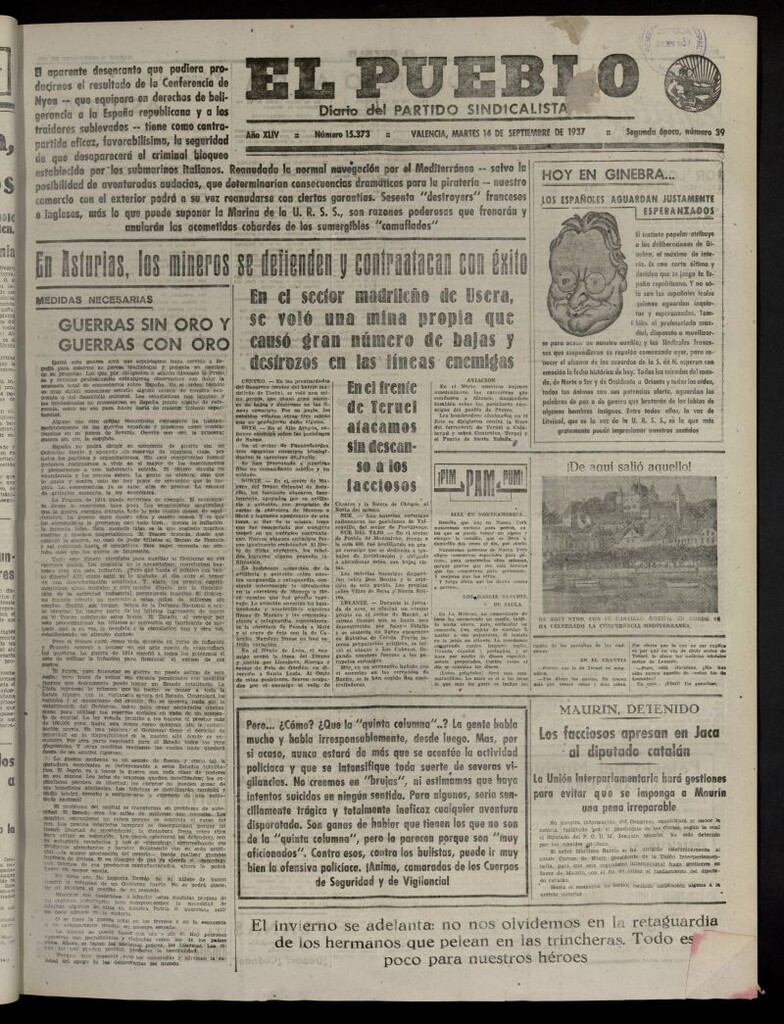 Miniatura de El Pueblo : Diario republicano de Valencia del 14 de septiembre de 1937, nº 15.373