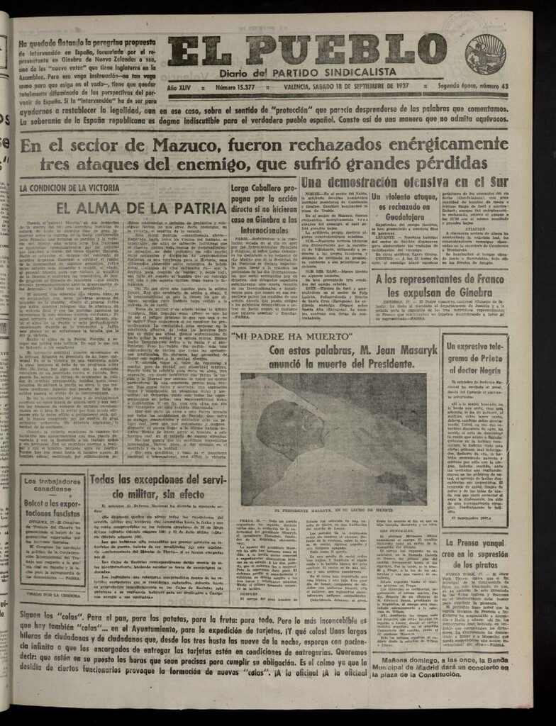 Miniatura de El Pueblo : Diario republicano de Valencia del 18 de septiembre de 1937, nº 15.377