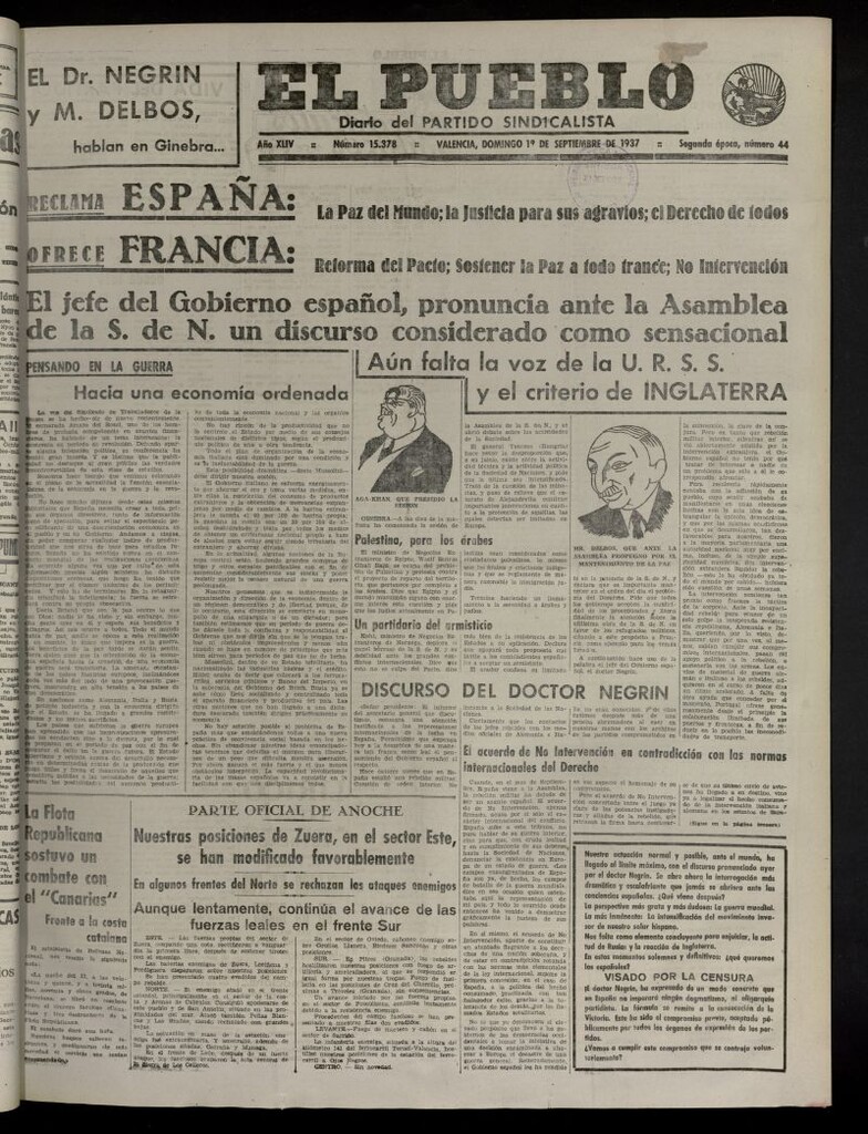 Miniatura de El Pueblo : Diario republicano de Valencia del 19 de septiembre de 1937, nº 15.378