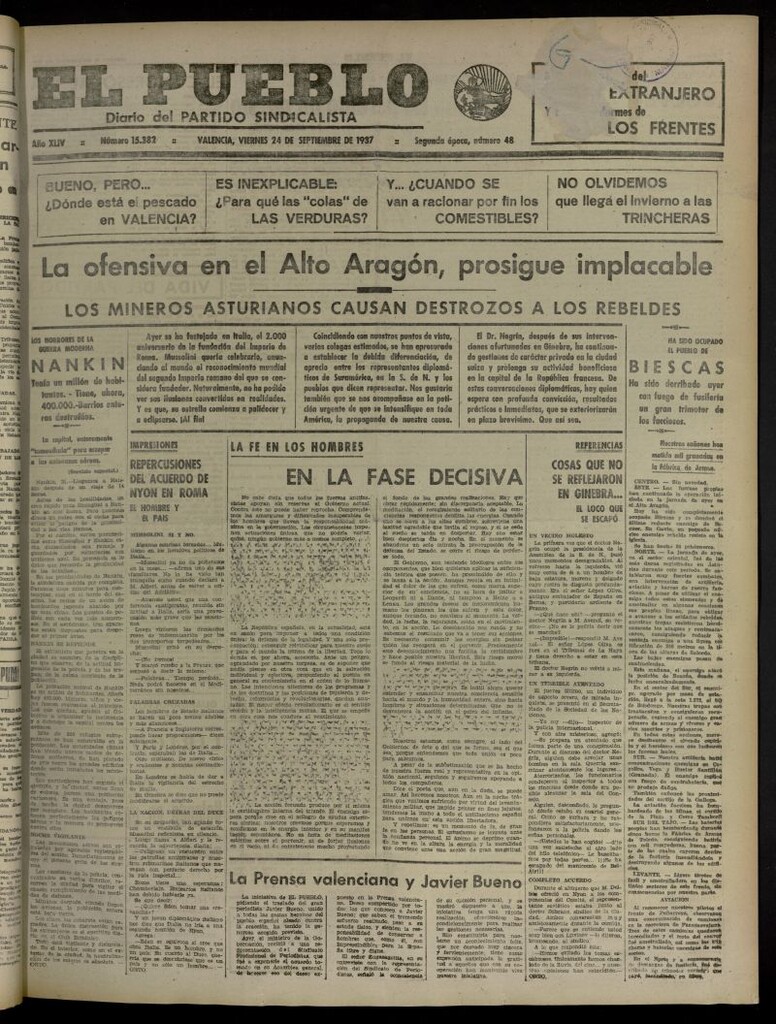 Miniatura de El Pueblo : Diario republicano de Valencia del 24 de septiembre de 1937, nº 15.382