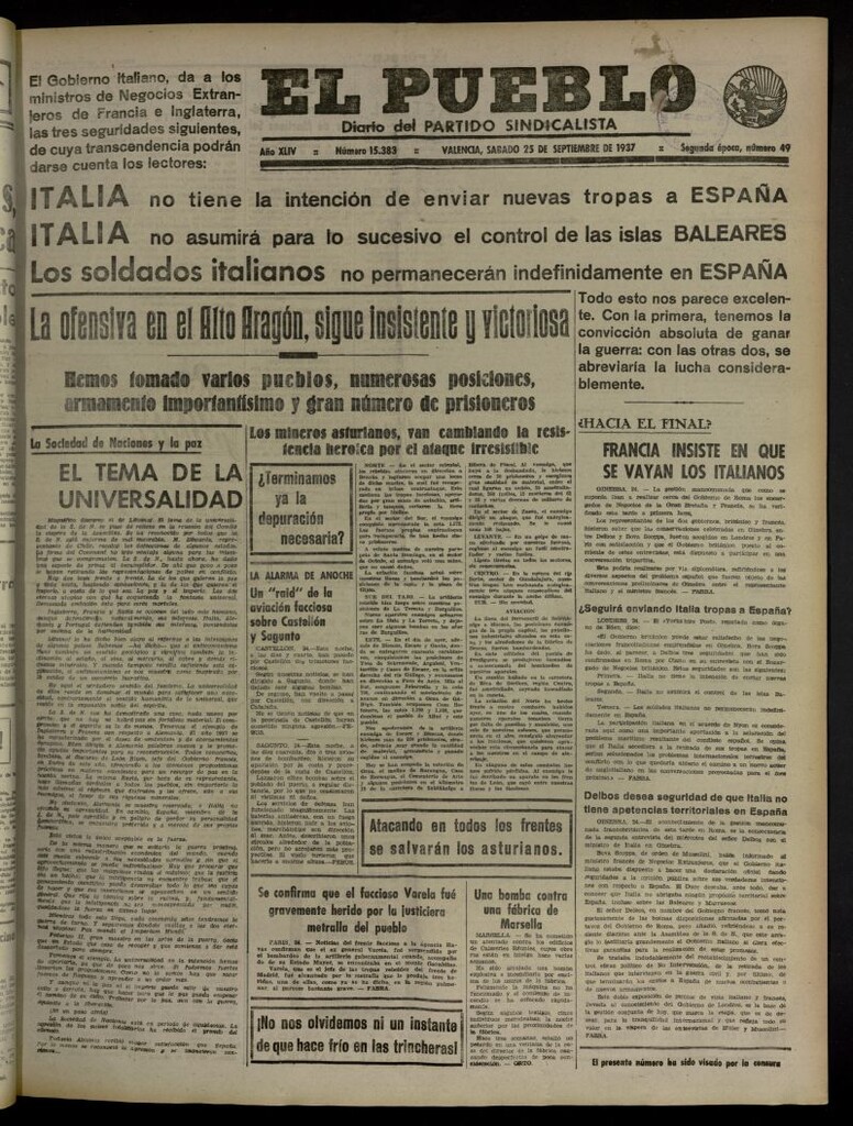 Miniatura de El Pueblo : Diario republicano de Valencia del 25 de septiembre de 1937, nº 15.383