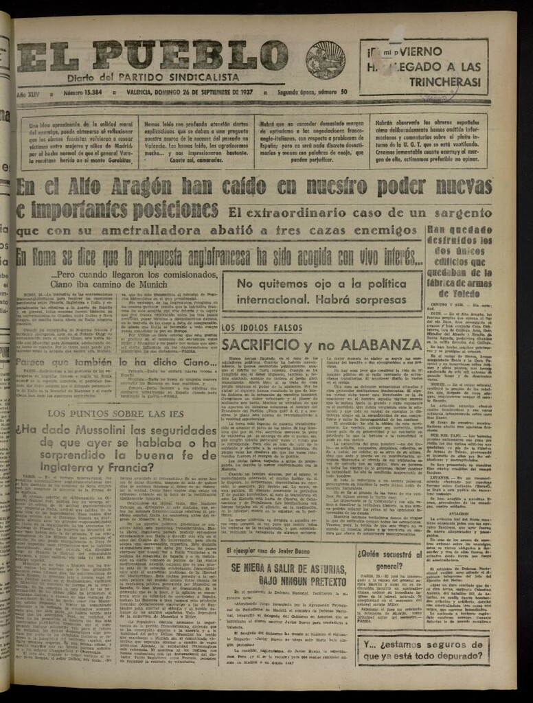 Miniatura de El Pueblo : Diario republicano de Valencia del 26 de septiembre de 1937, nº 15.384