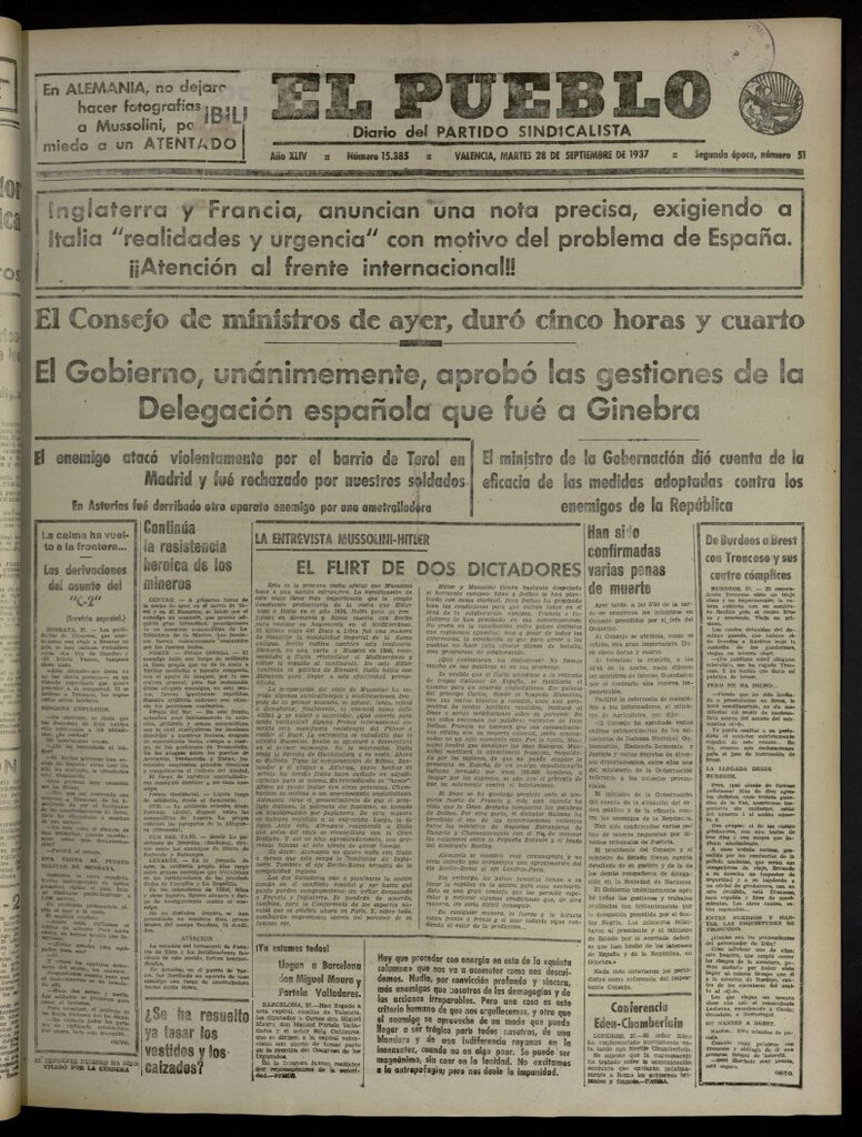 Miniatura de El Pueblo : Diario republicano de Valencia del 28 de septiembre de 1937, nº 15.385