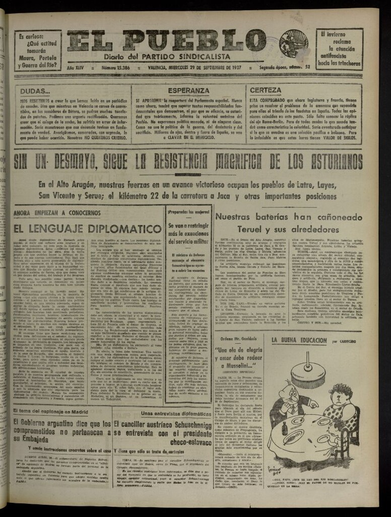 Miniatura de El Pueblo : Diario republicano de Valencia del 29 de septiembre de 1937, nº 15.386