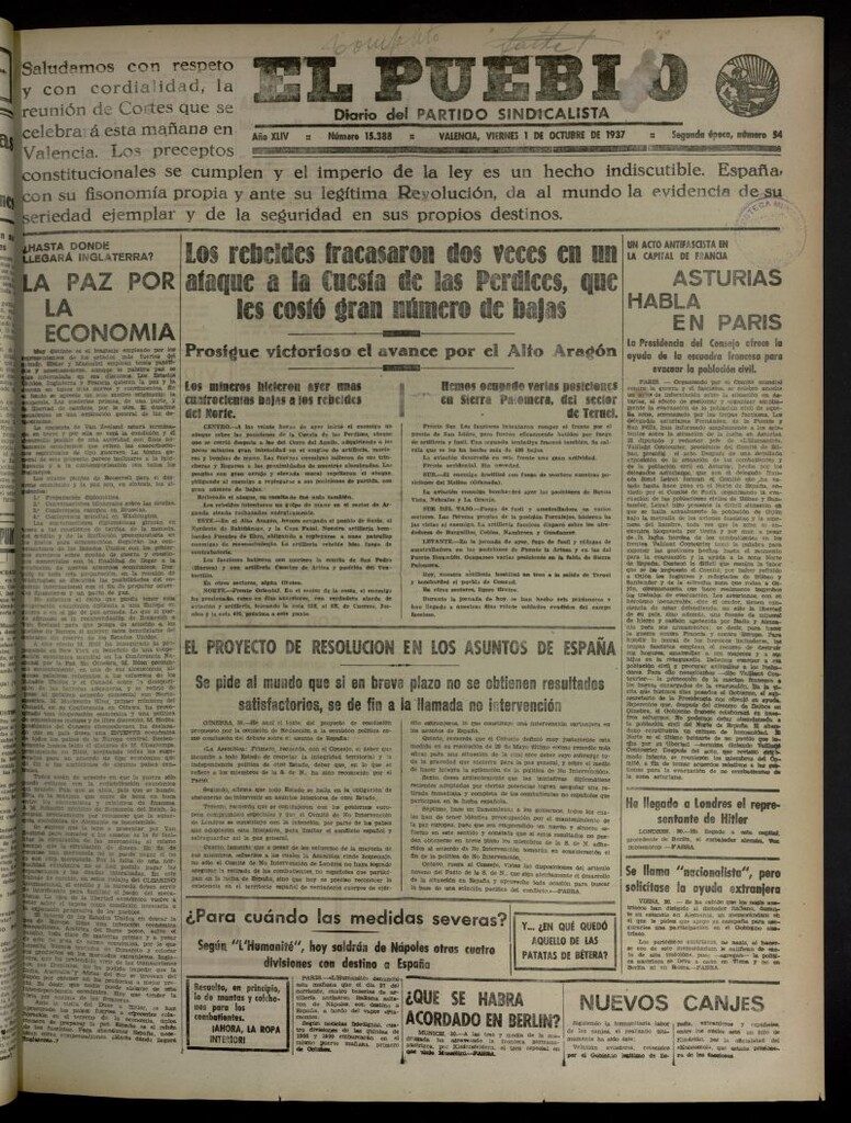 Miniatura de El Pueblo : Diario republicano de Valencia del 1 de octubre de 1937, nº 15.388