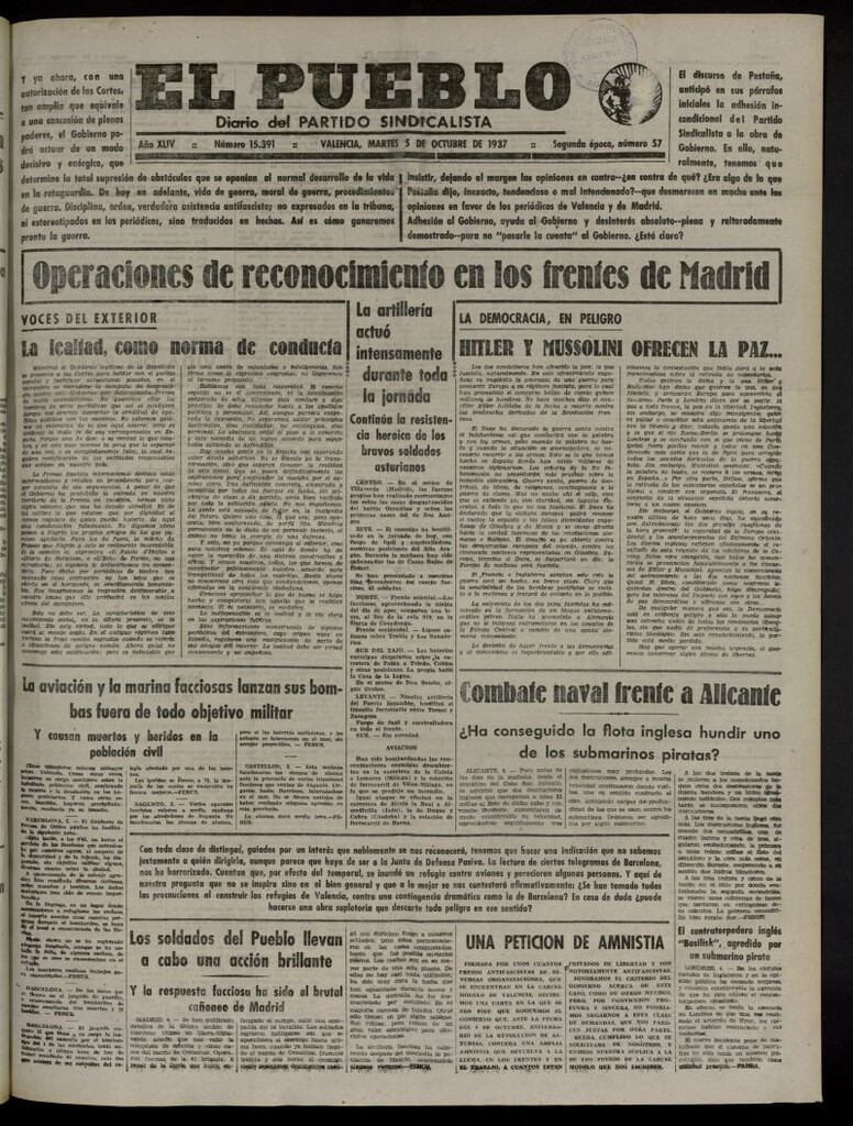 Miniatura de El Pueblo : Diario republicano de Valencia del 5 de octubre de 1937, nº 15.391