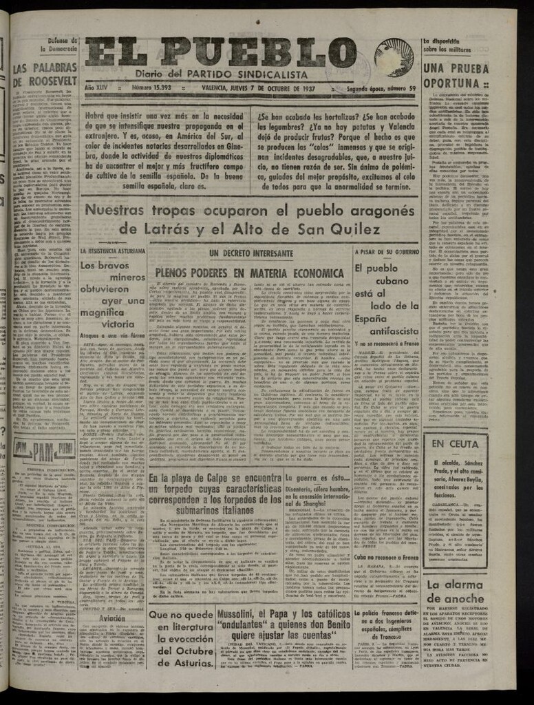 Miniatura de El Pueblo : Diario republicano de Valencia del 7 de octubre de 1937, nº 15.393