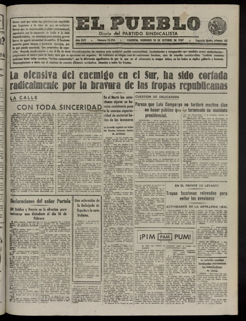 Miniatura de El Pueblo : Diario republicano de Valencia del 10 de octubre de 1937, nº 15.396