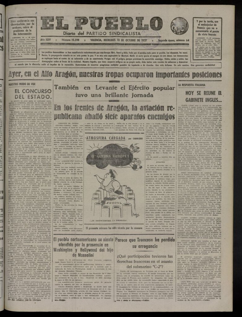 Miniatura de El Pueblo : Diario republicano de Valencia del 13 de octubre de 1937, nº 15.398