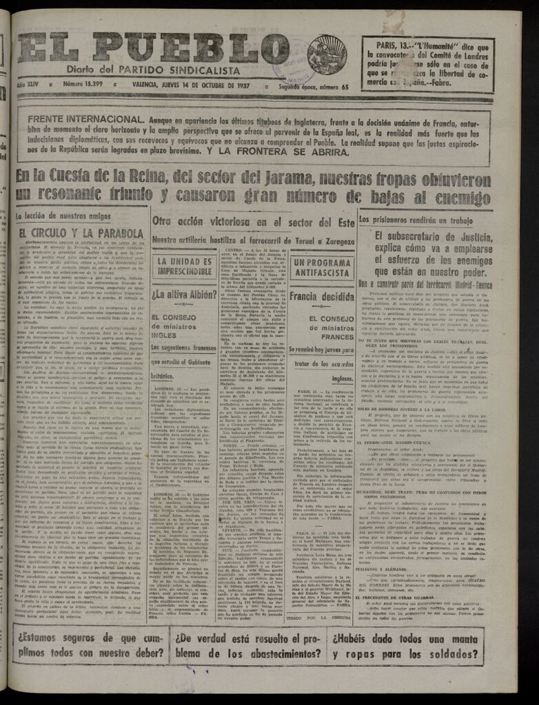 Miniatura de El Pueblo : Diario republicano de Valencia del 14 de octubre de 1937, nº 15.399
