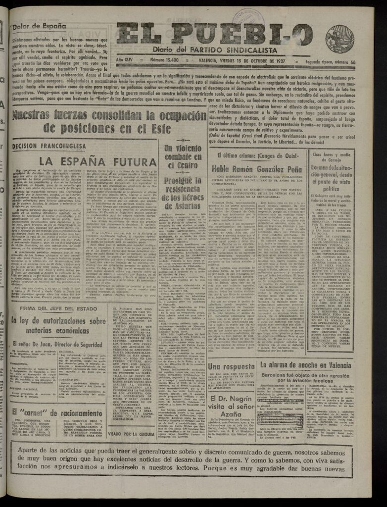 Miniatura de El Pueblo : Diario republicano de Valencia del 15 de octubre de 1937, nº 15.400