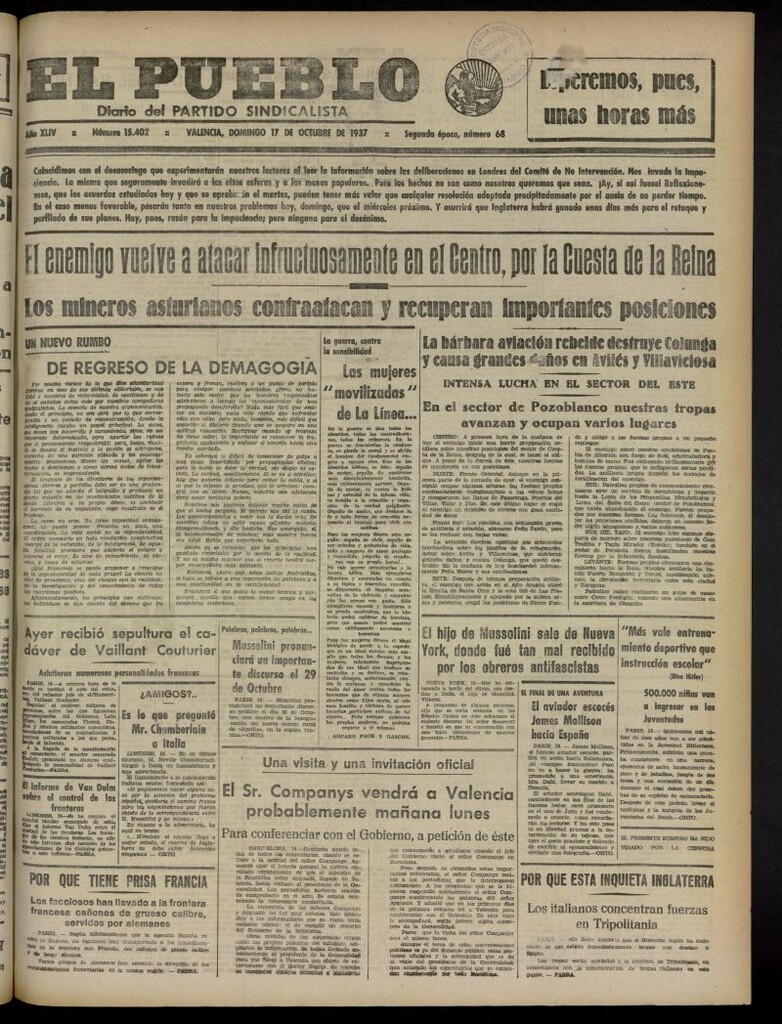 Miniatura de El Pueblo : Diario republicano de Valencia del 17 de octubre de 1937, nº 15.402