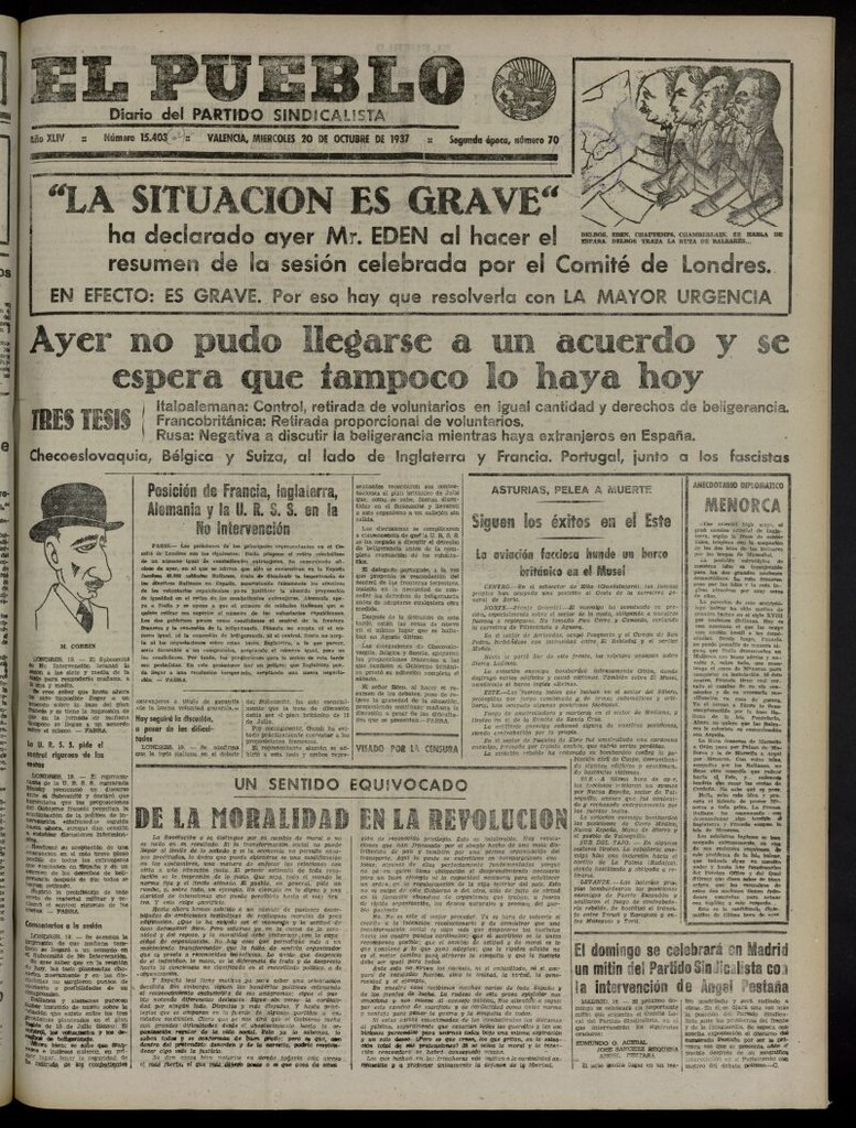 Miniatura de El Pueblo : Diario republicano de Valencia del 20 de octubre de 1937, nº 15.403 [sic]