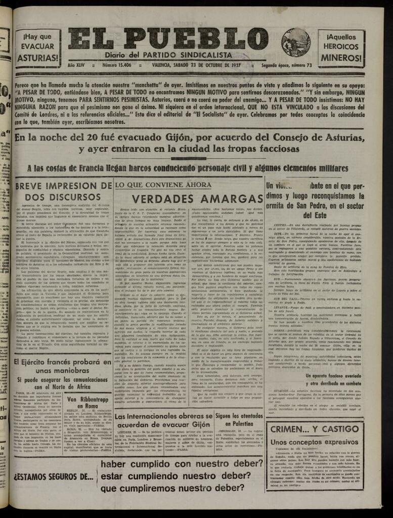 Miniatura de El Pueblo : Diario republicano de Valencia del 23 de octubre de 1937, nº 15.406