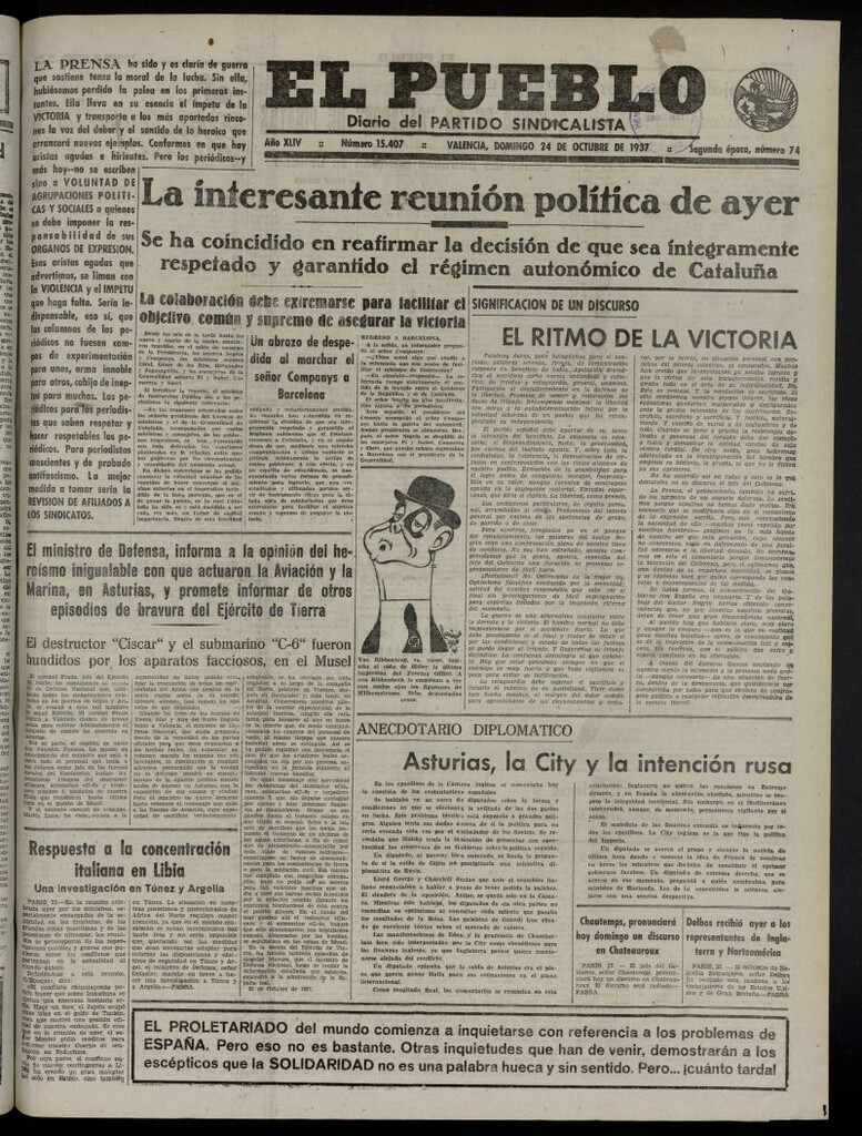 Miniatura de El Pueblo : Diario republicano de Valencia del 24 de octubre de 1937, nº 15.407