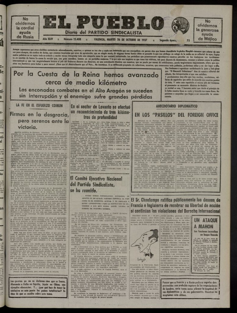 Miniatura de El Pueblo : Diario republicano de Valencia del 26 de octubre de 1937, nº 15.408
