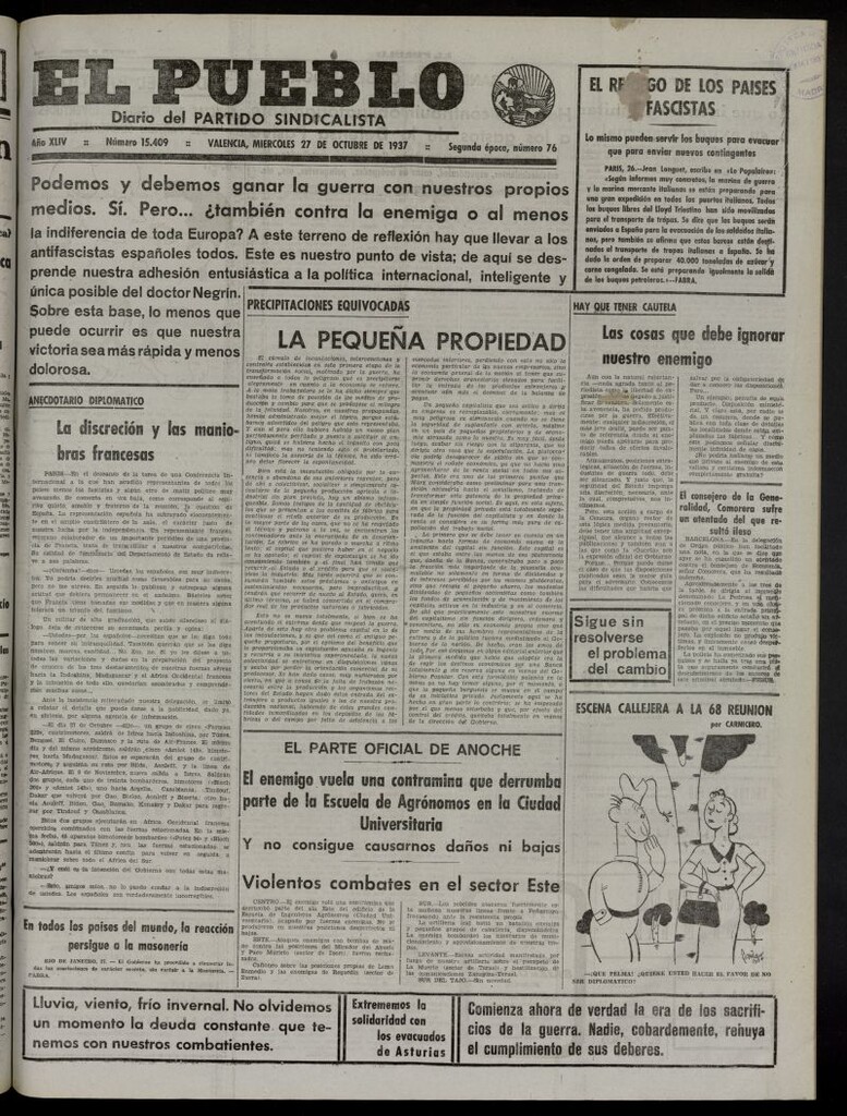 Miniatura de El Pueblo : Diario republicano de Valencia del 27 de octubre de 1937, nº 15.409