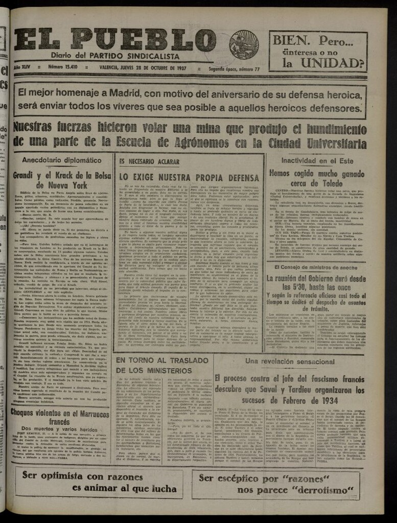 Miniatura de El Pueblo : Diario republicano de Valencia del 28 de octubre de 1937, nº 15.410