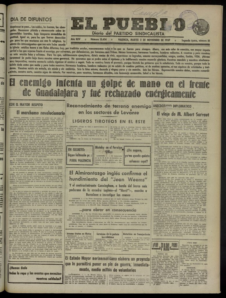 Miniatura de El Pueblo : Diario republicano de Valencia del 2 de noviembre de 1937, nº 15.414