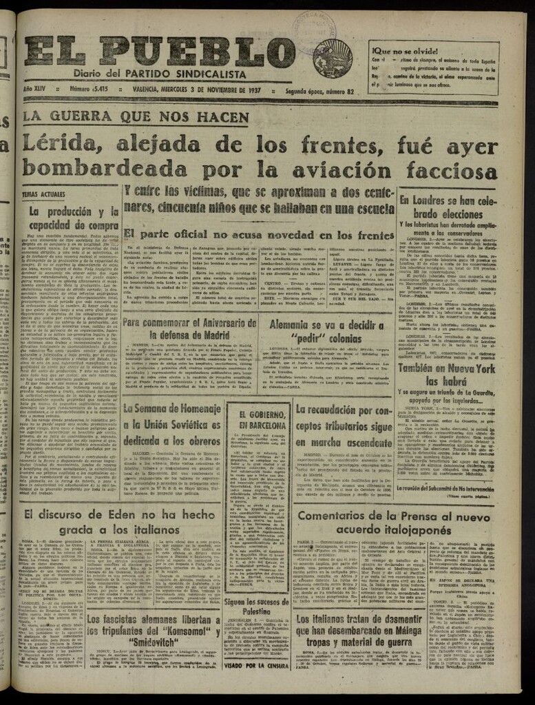 Miniatura de El Pueblo : Diario republicano de Valencia del 3 de noviembre de 1937, nº 15.415