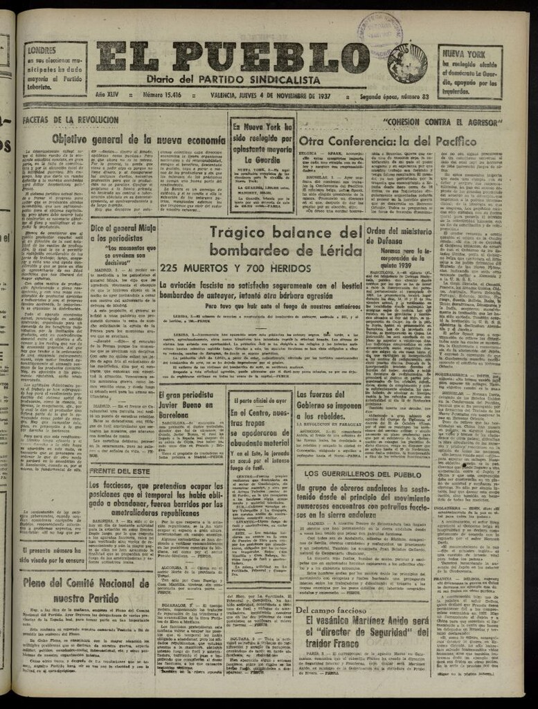 Miniatura de El Pueblo : Diario republicano de Valencia del 4 de noviembre de 1937, nº 15.416