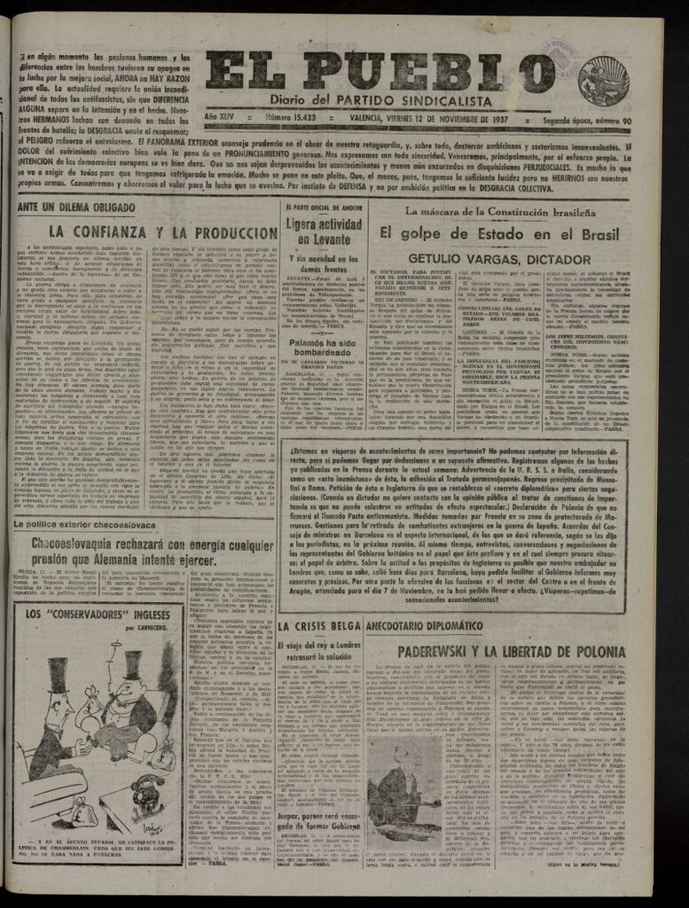 Miniatura de El Pueblo : Diario republicano de Valencia del 12 de noviembre de 1937, nº 15.423