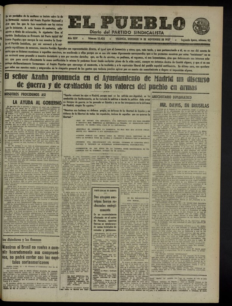 Miniatura de El Pueblo : Diario republicano de Valencia del 14 de noviembre de 1937, nº 15.425