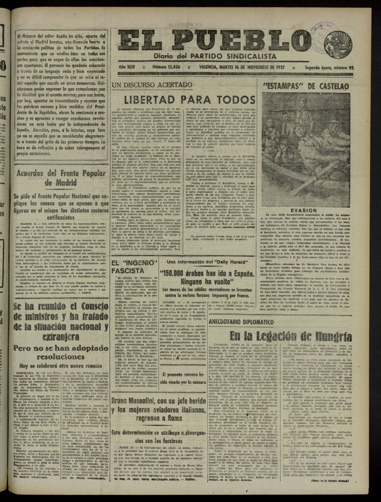 Miniatura de El Pueblo : Diario republicano de Valencia del 16 de noviembre de 1937, nº 15.426