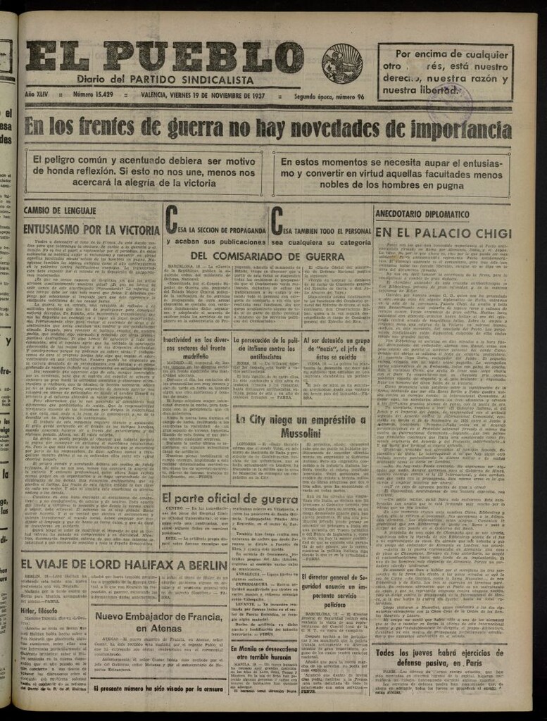 Miniatura de El Pueblo : Diario republicano de Valencia del 19 de noviembre de 1937, nº 15.429