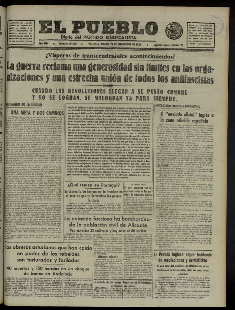 Miniatura de El Pueblo : Diario republicano de Valencia del 23 de noviembre de 1937, nº 15.432