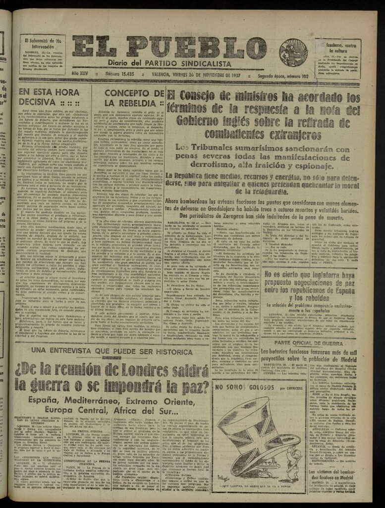 Miniatura de El Pueblo : Diario republicano de Valencia del 26 de noviembre de 1937, nº 15.435