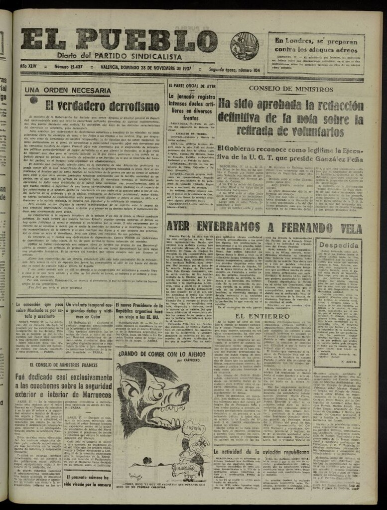 Miniatura de El Pueblo : Diario republicano de Valencia del 28 de noviembre de 1937, nº 15.437