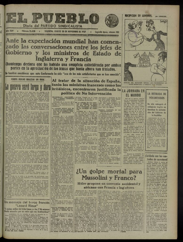 Miniatura de El Pueblo : Diario republicano de Valencia del 30 de noviembre de 1937, nº 15.438