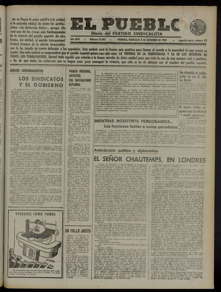 Miniatura de El Pueblo : Diario republicano de Valencia del 8 de diciembre de 1937, nº 15.445