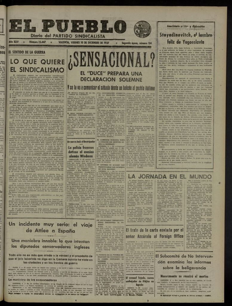 Miniatura de El Pueblo : Diario republicano de Valencia del 10 de diciembre de 1937, nº 15.447