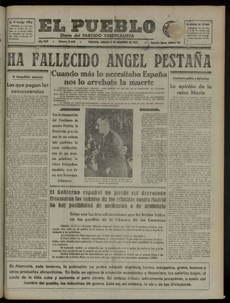 Miniatura de El Pueblo : Diario republicano de Valencia del 11 de diciembre de 1937, nº 15.448