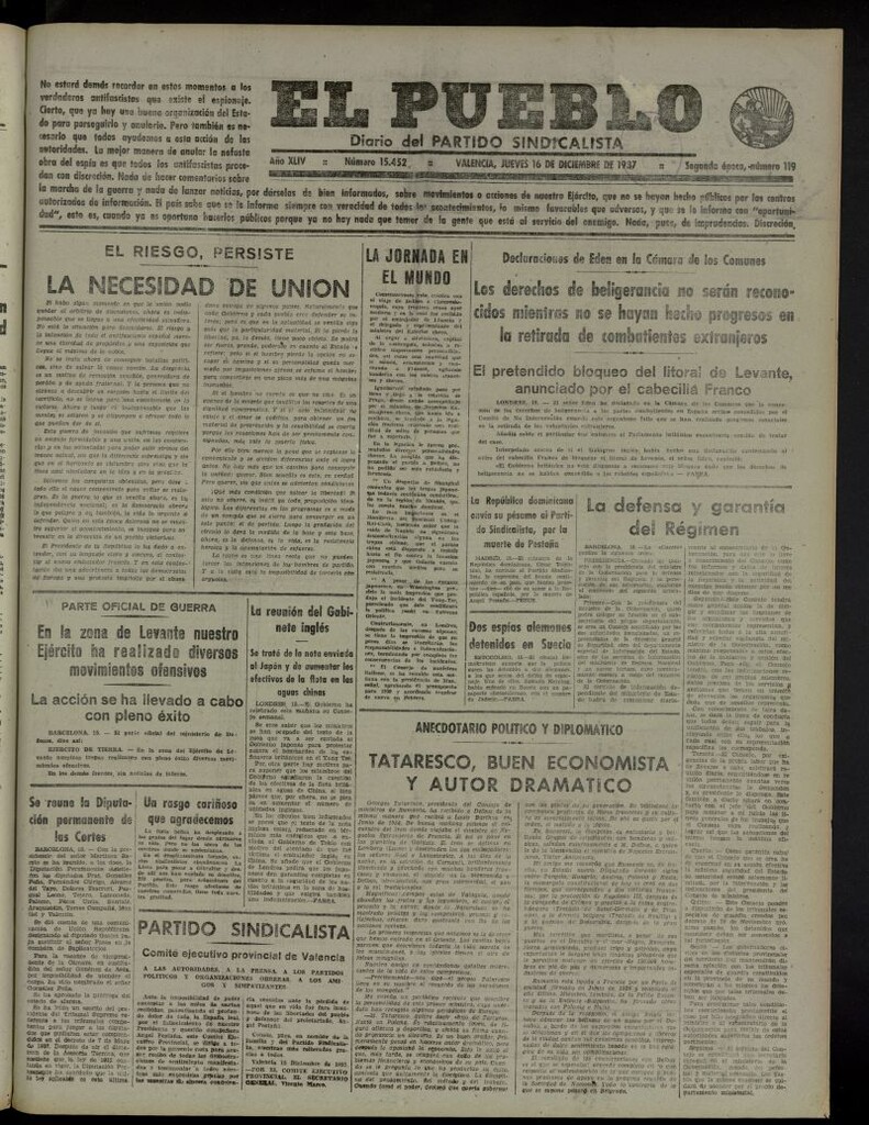 Miniatura de El Pueblo : Diario republicano de Valencia del 16 de diciembre de 1937, nº 15.452