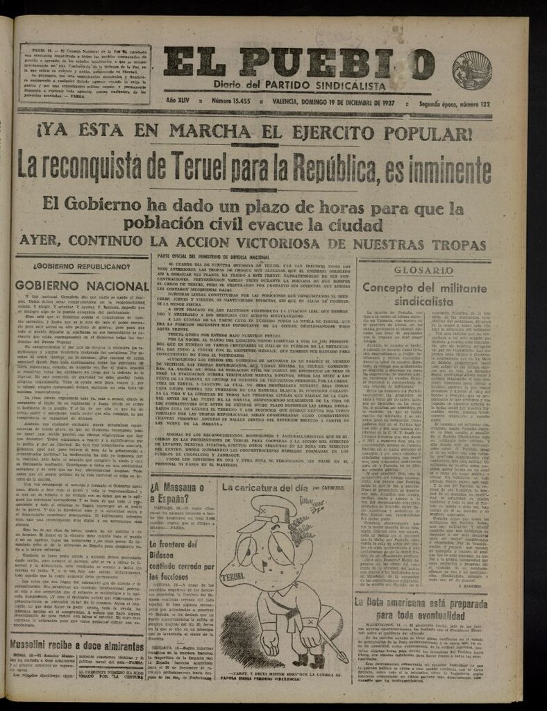 Miniatura de El Pueblo : Diario republicano de Valencia del 19 de diciembre de 1937, nº 15.455