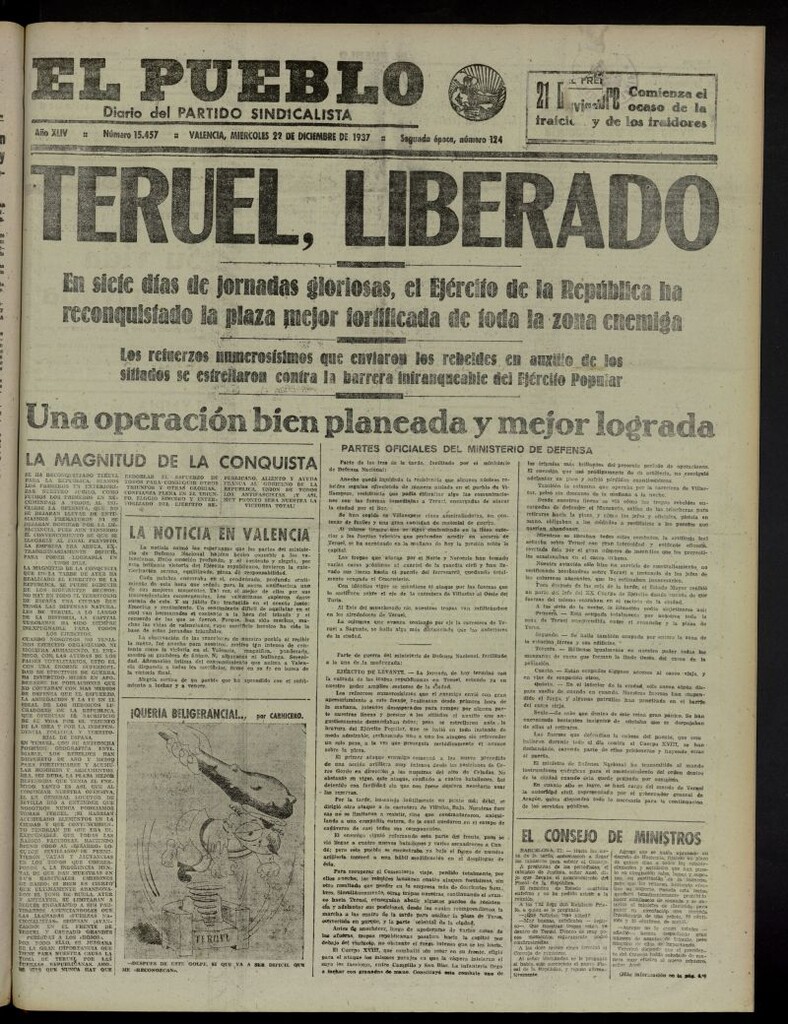 Miniatura de El Pueblo : Diario republicano de Valencia del 22 de diciembre de 1937, nº 15.457