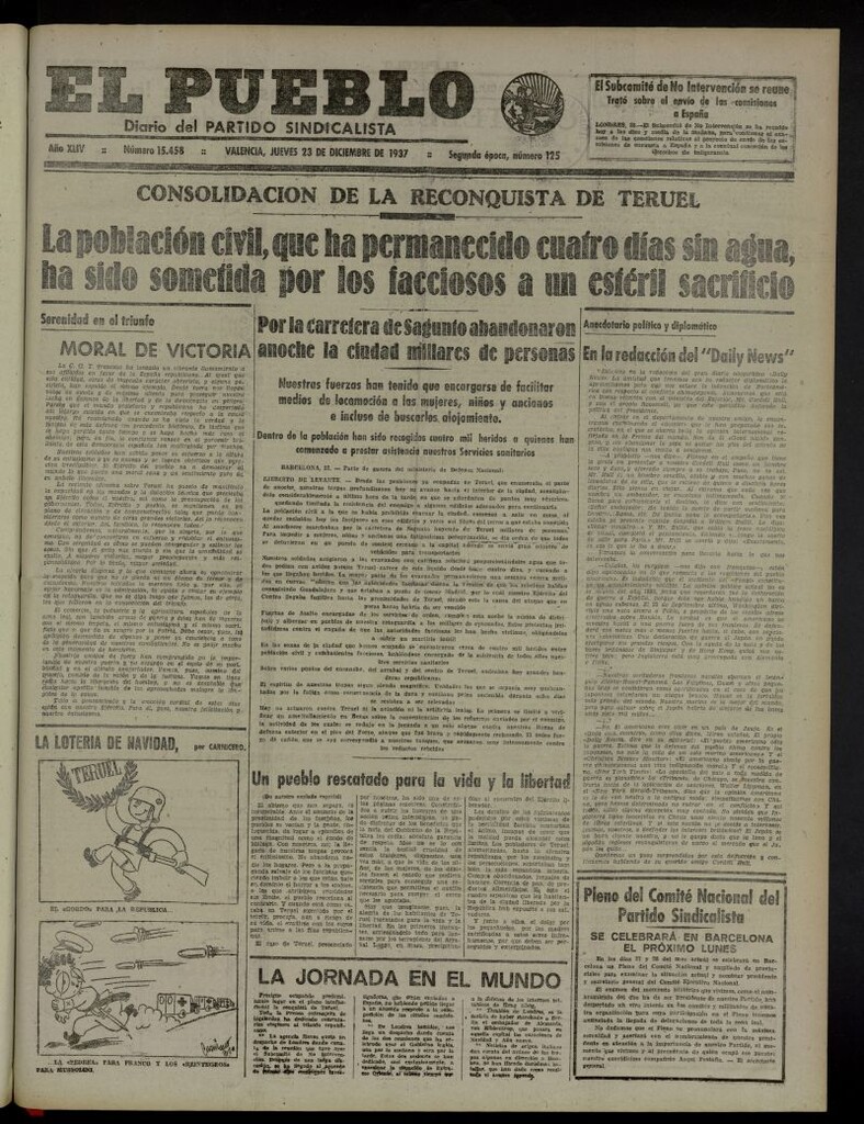 Miniatura de El Pueblo : Diario republicano de Valencia del 23 de diciembre de 1937, nº 15.458