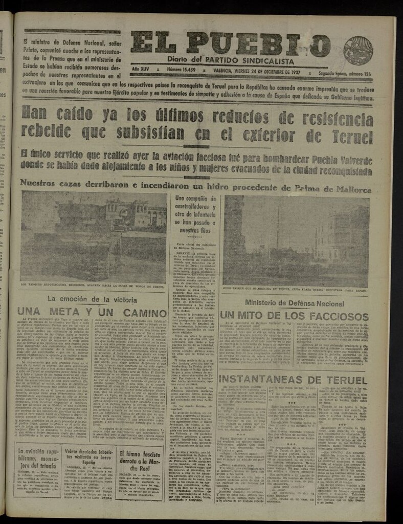 Miniatura de El Pueblo : Diario republicano de Valencia del 24 de diciembre de 1937, nº 15.459